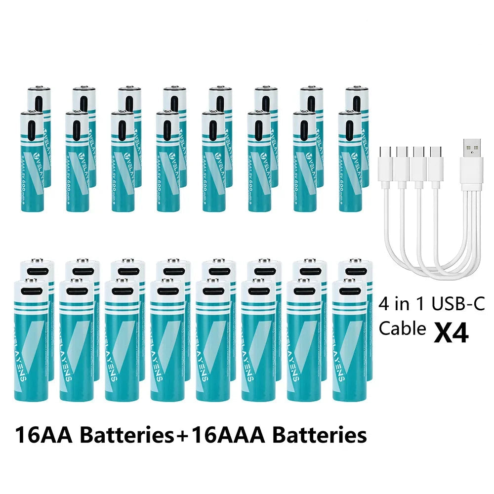 Rechargeable AA AAA Batteries with USB-C Fast Charging - 1200 Cycles Lithium-Ion Set