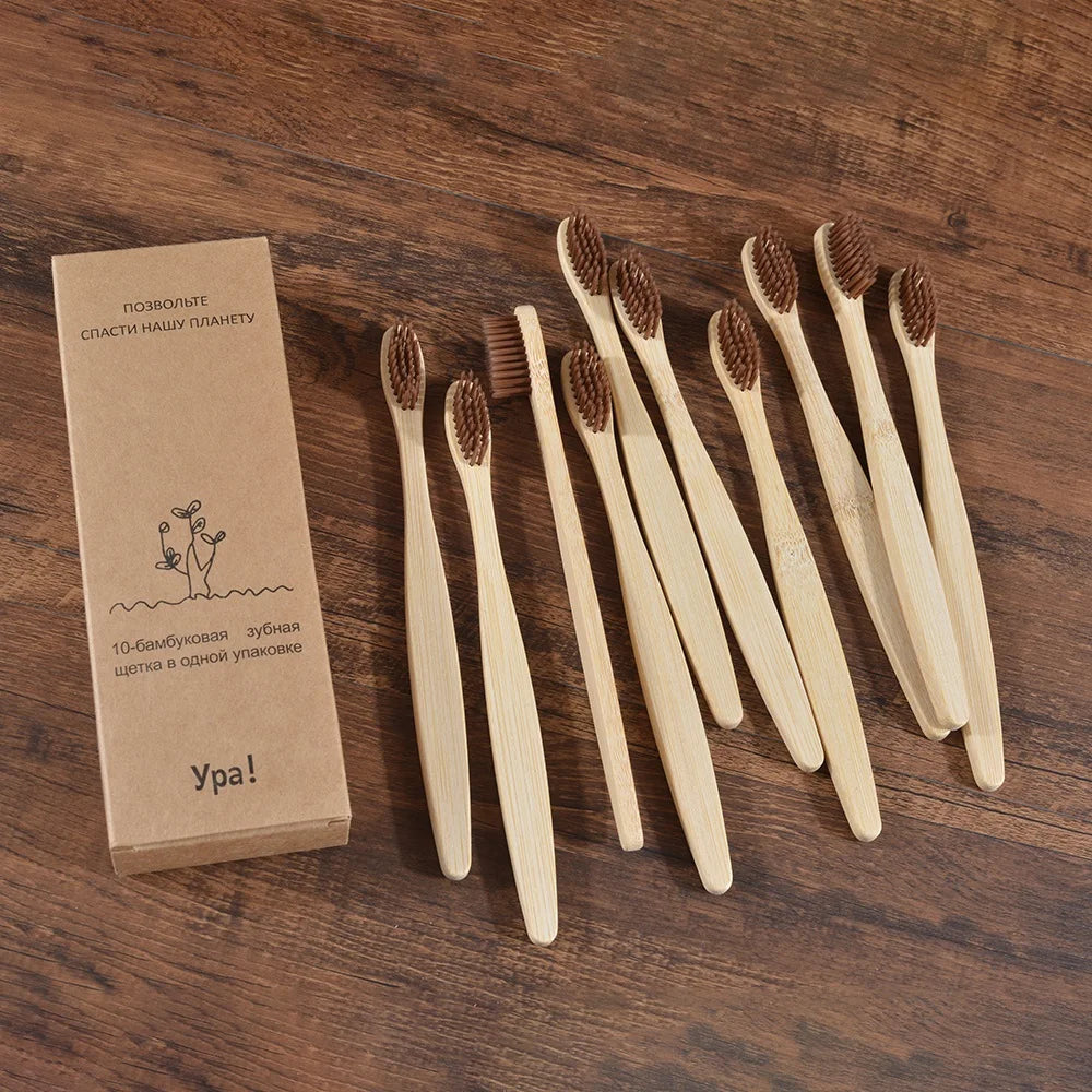 Bamboo Toothbrush Set - 10 Pack Eco-Friendly Soft Bristle