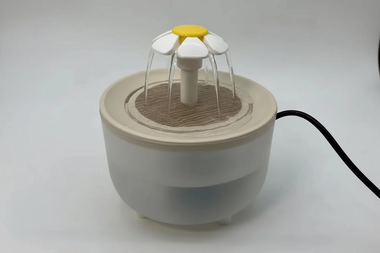 Small white device with a yellow flower-like top on a light gray background