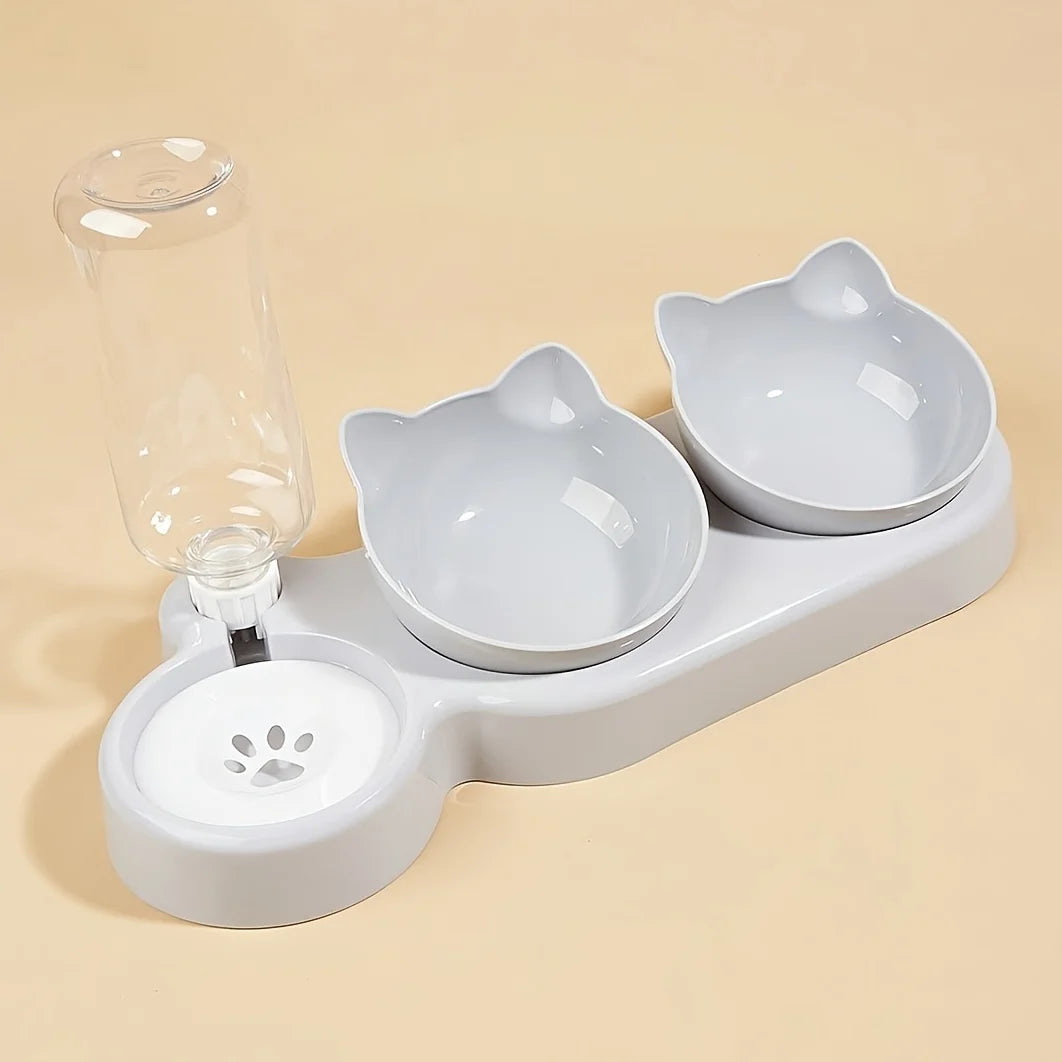 3-in-1 Tilted Cat Bowl Set - Neck Protection Design with Automatic Water Feeder
