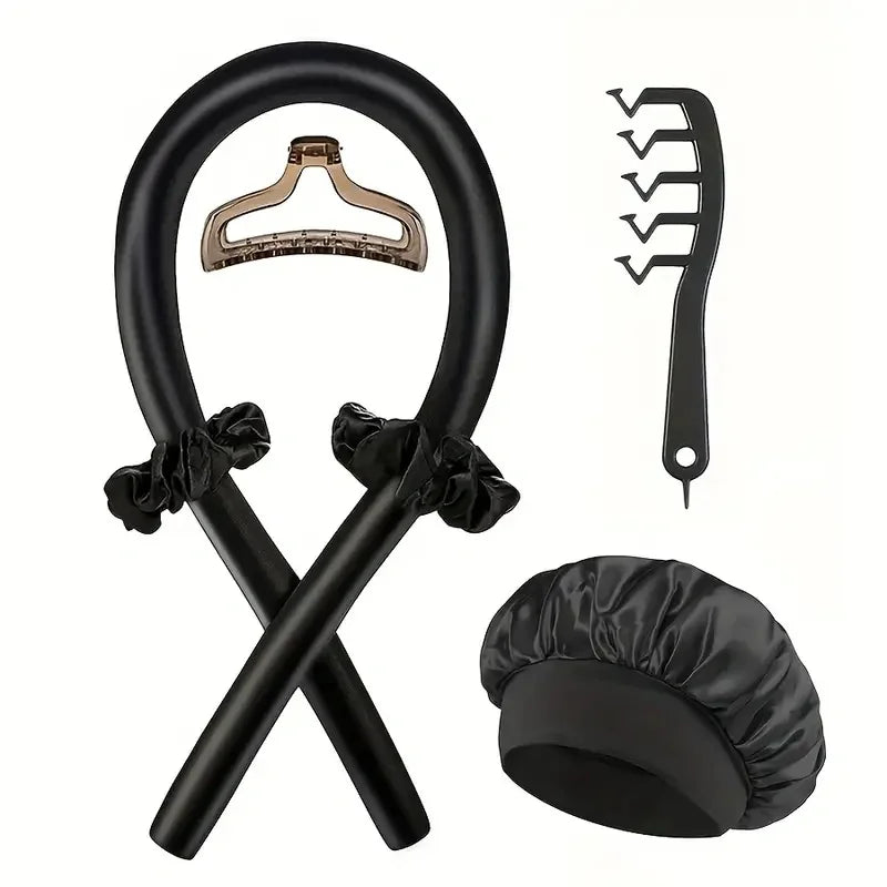 No-Heat Curly Hair Stick Set - 6Pcs Satin Sleep Cap & Hair Styling Kit