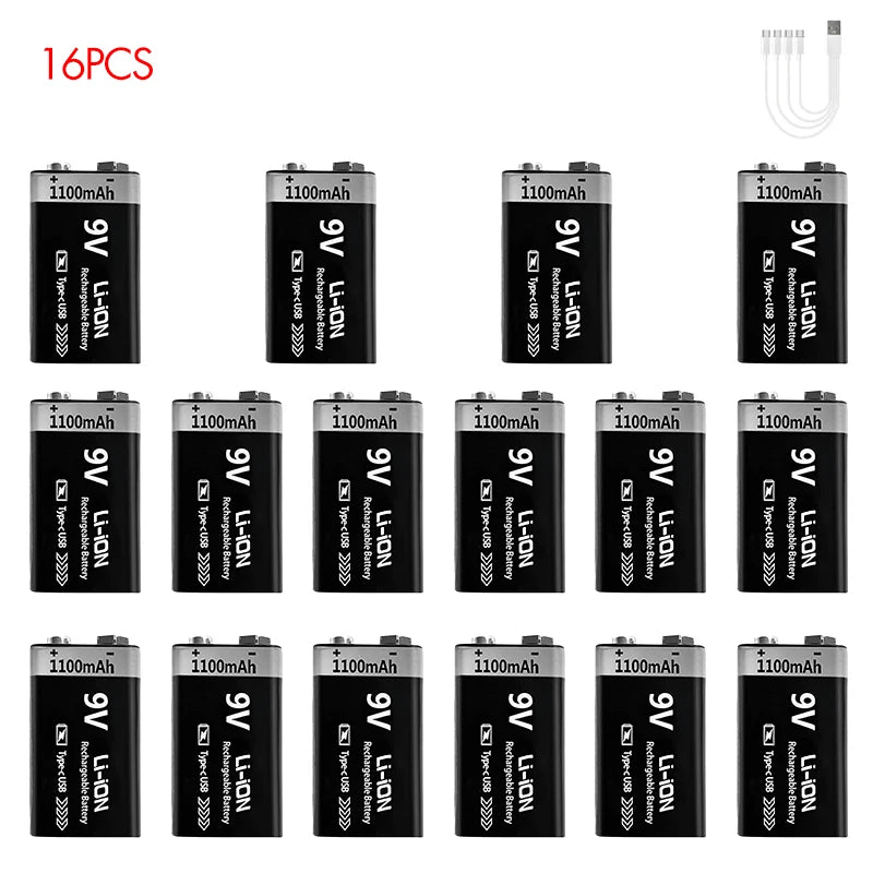 USB-C Rechargeable 9V Battery 1100mAh - Li-ion 6F22 for RC Models, Multimeters & Electronics