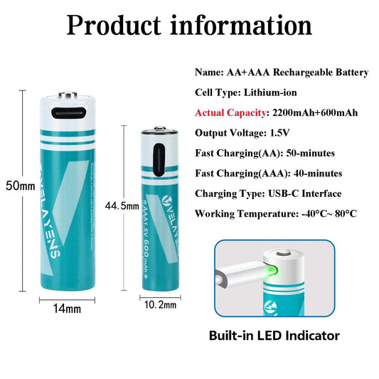 Rechargeable AA AAA Batteries with USB-C Fast Charging - 1200 Cycles Lithium-Ion Set