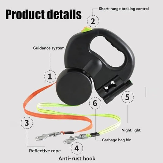 Double Dog Leash with Tangle-Free Swivel & LED Flashlight