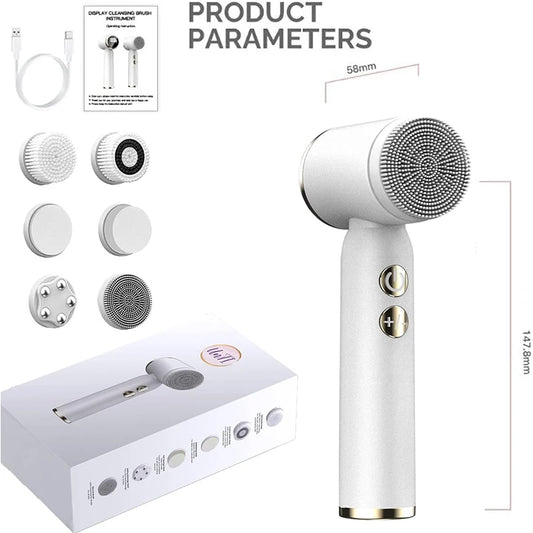 White handheld device with attachments and packaging on a white background