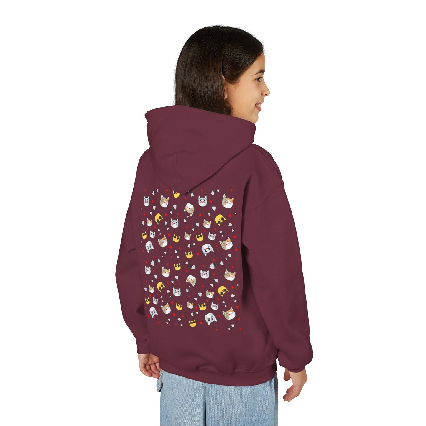 Adorable Cat Print Youth Hoodie - Perfect Gift for Young Cat Lovers!