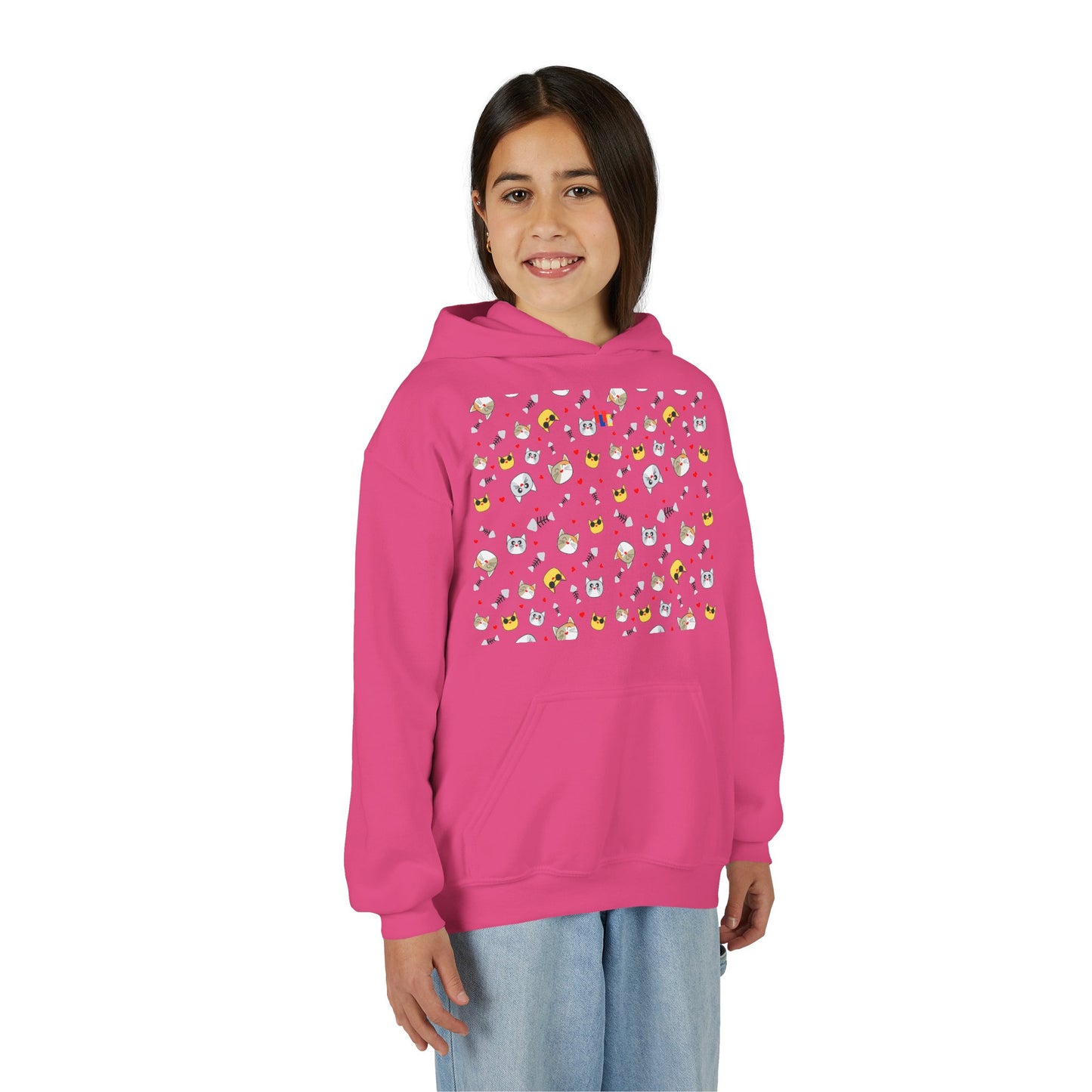 Adorable Cat Print Youth Hoodie - Perfect Gift for Young Cat Lovers!