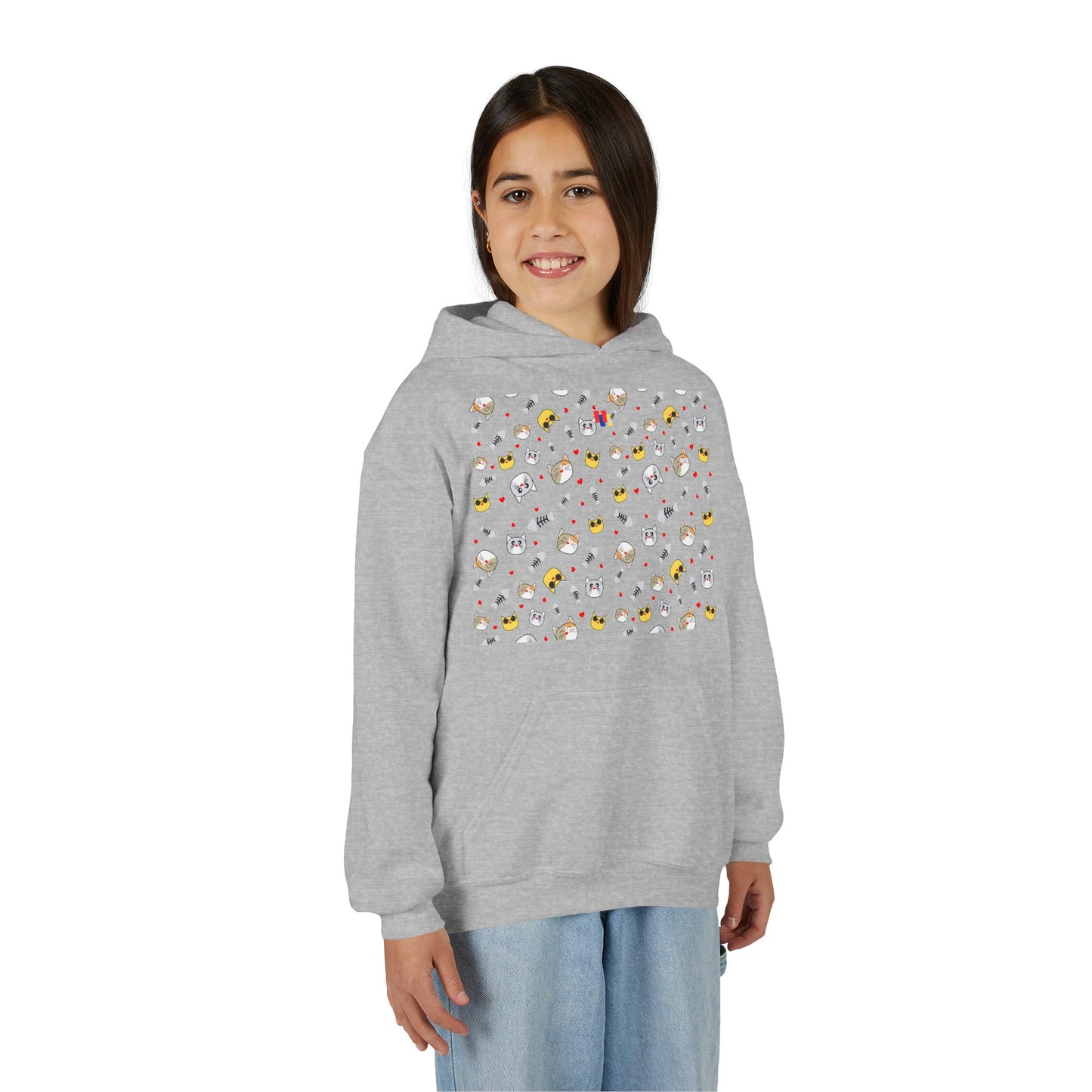 Adorable Cat Print Youth Hoodie - Perfect Gift for Young Cat Lovers!