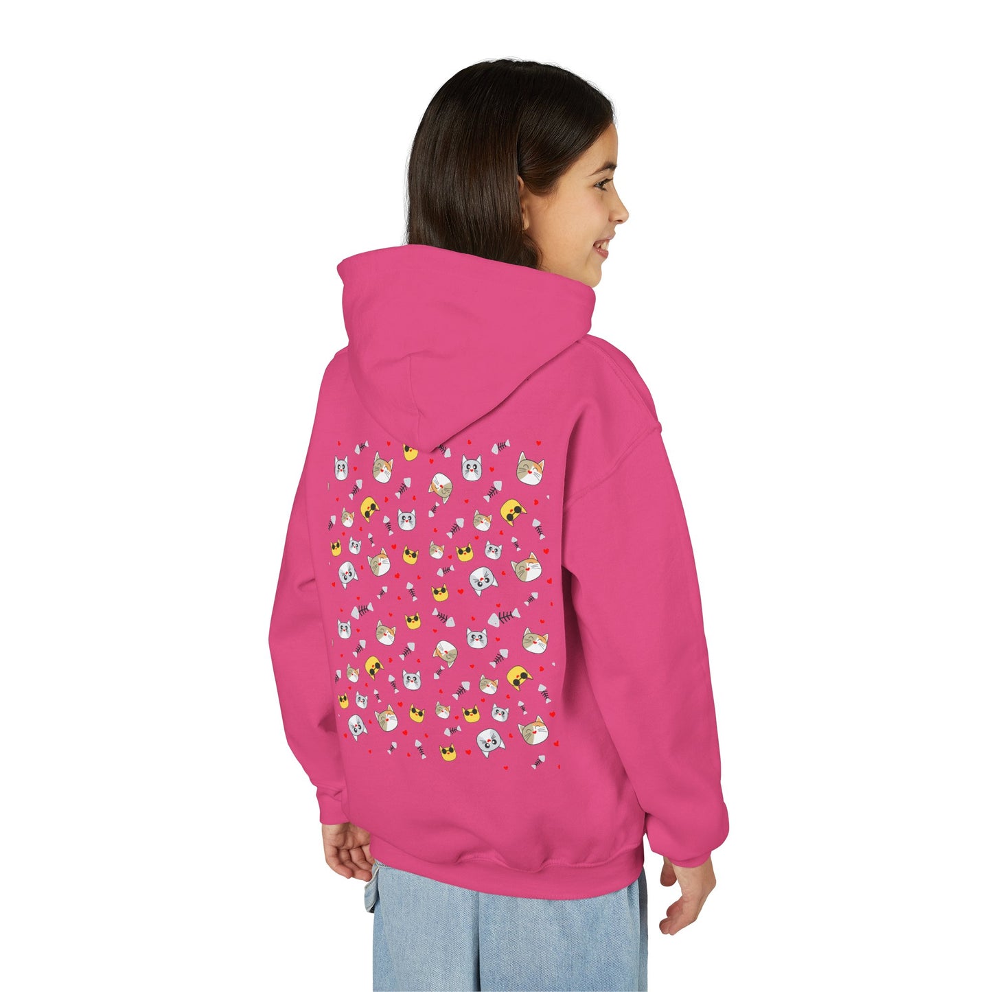 Adorable Cat Print Youth Hoodie - Perfect Gift for Young Cat Lovers!