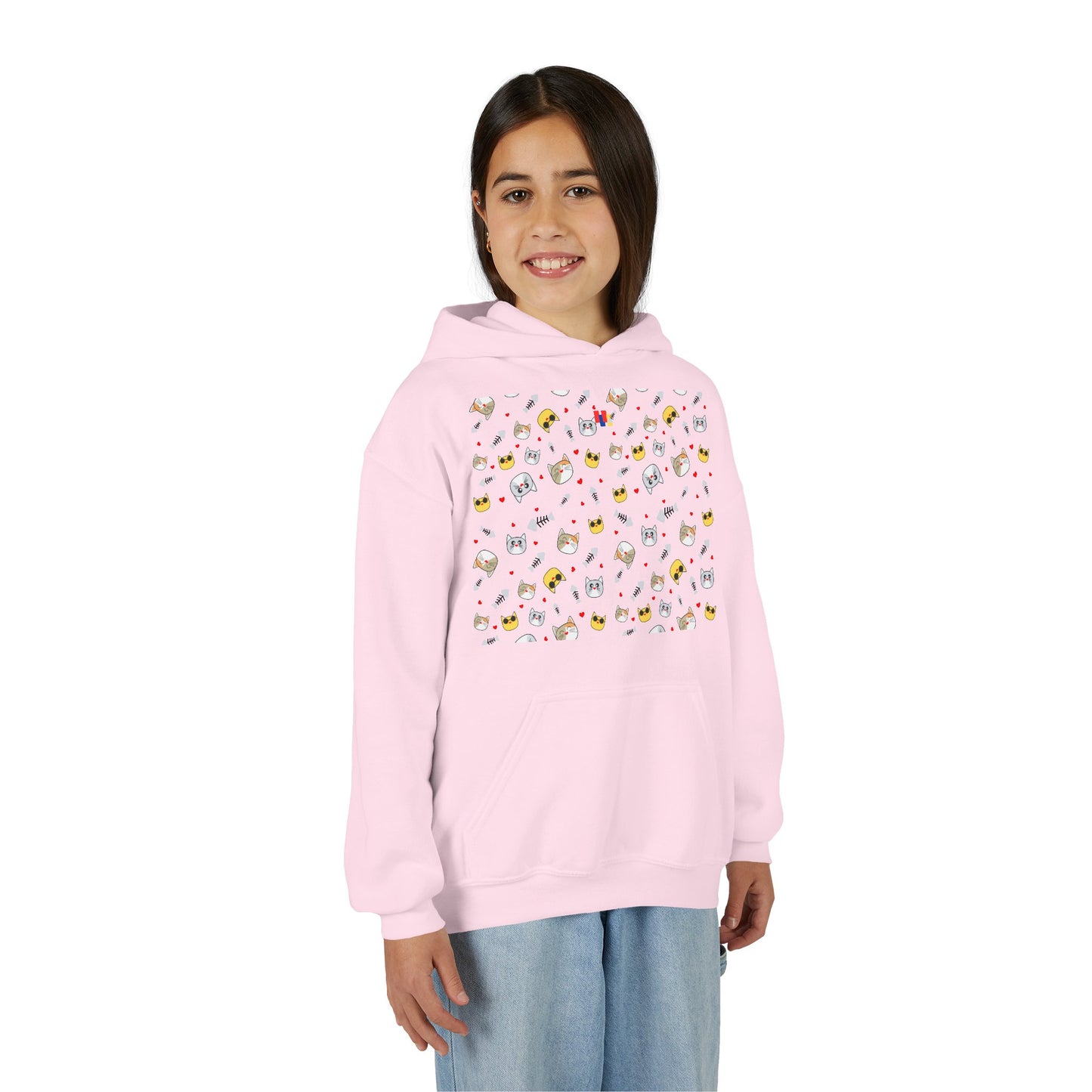 Adorable Cat Print Youth Hoodie - Perfect Gift for Young Cat Lovers!
