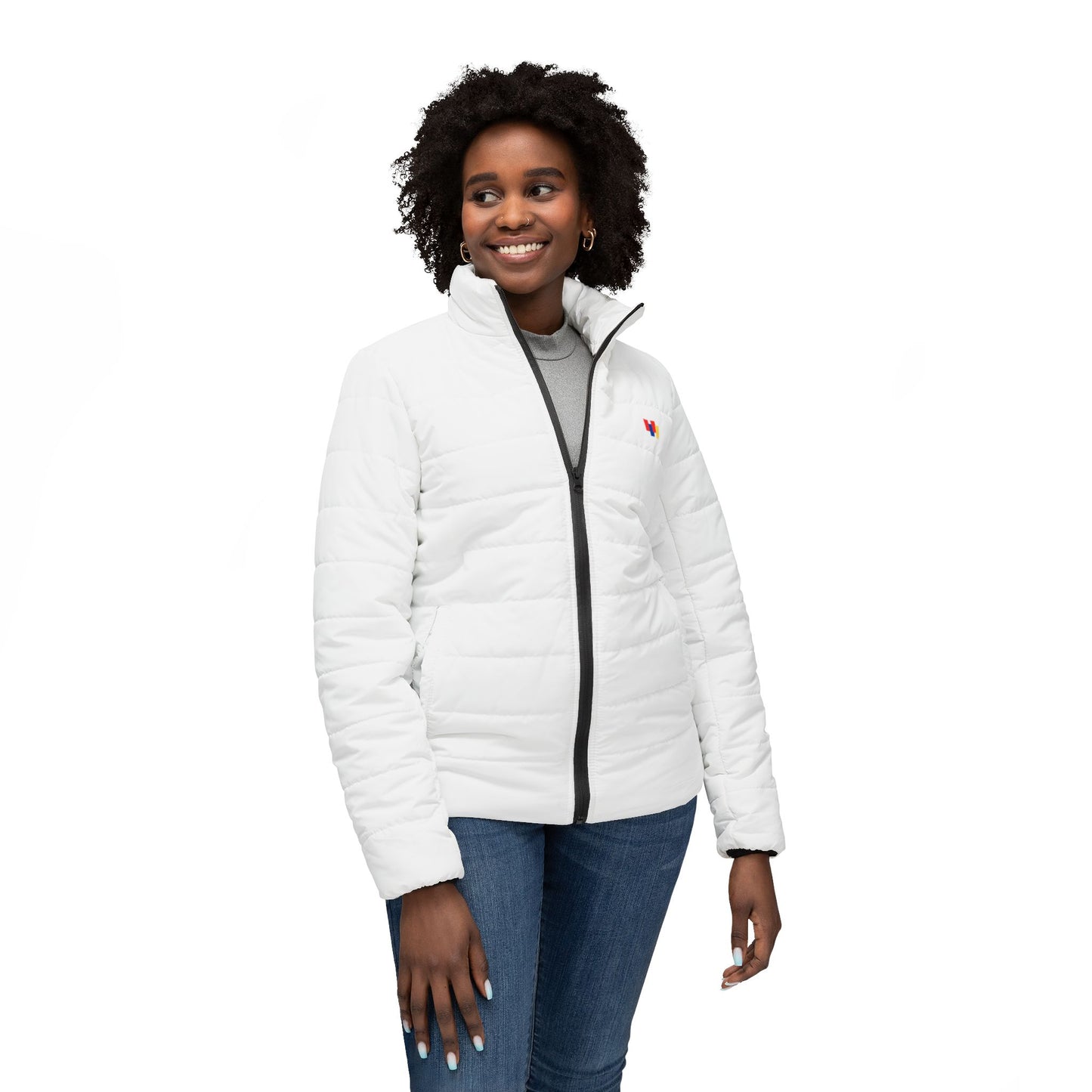Obay White Women's Colorful Heart Puffer Jacket - Stylish Winter Coat