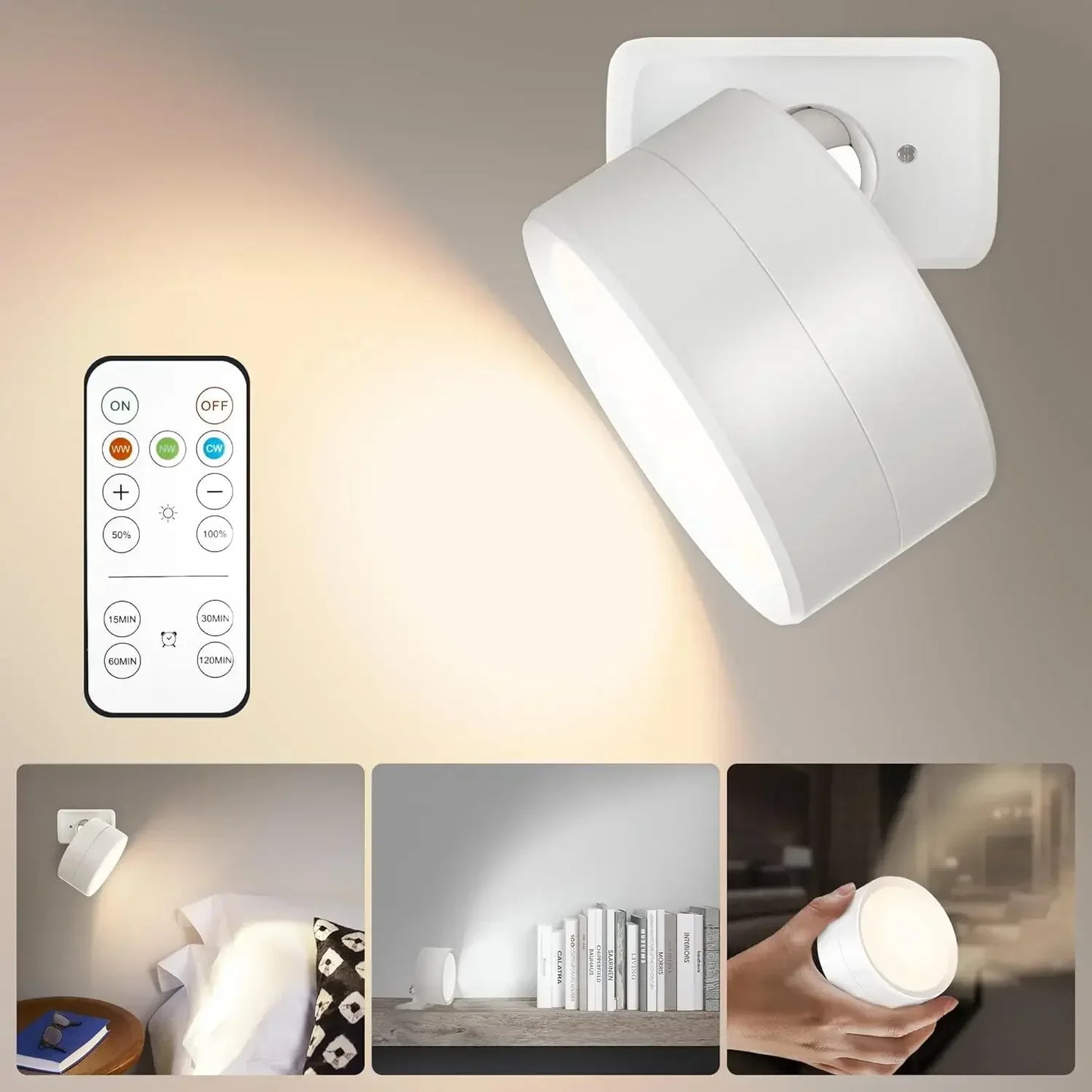 LED Magnetic Wall Sconce Lights - Rechargeable Dimmable with Remote & 360° Rotation