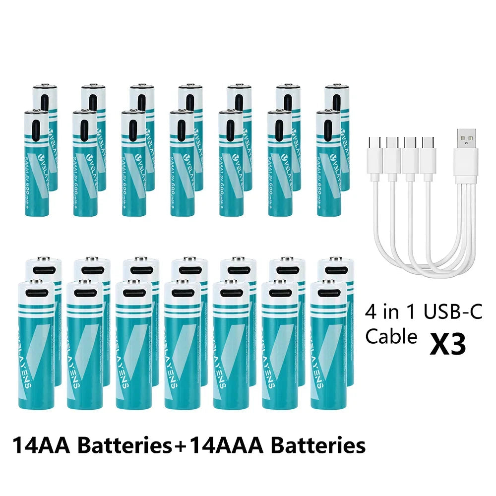 Rechargeable AA AAA Batteries with USB-C Fast Charging - 1200 Cycles Lithium-Ion Set