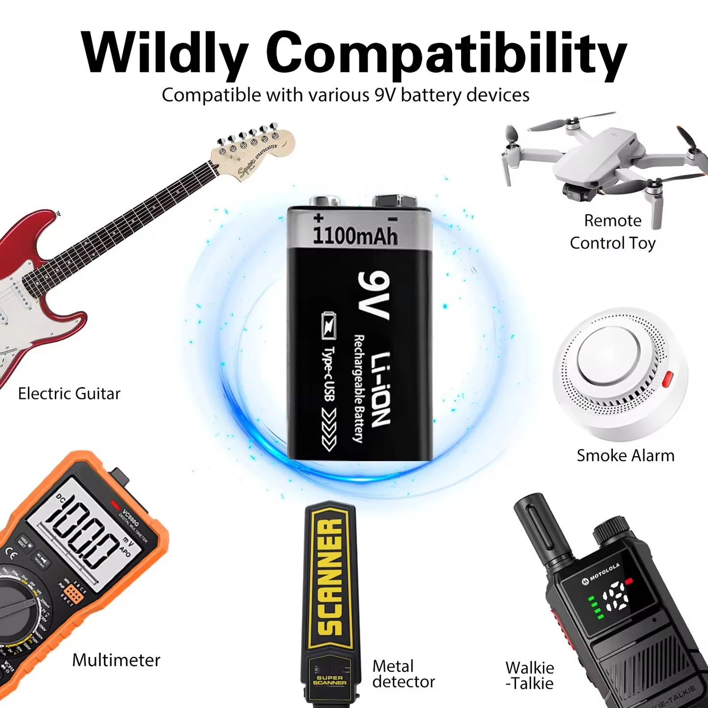USB-C Rechargeable 9V Battery 1100mAh - Li-ion 6F22 for RC Models, Multimeters & Electronics