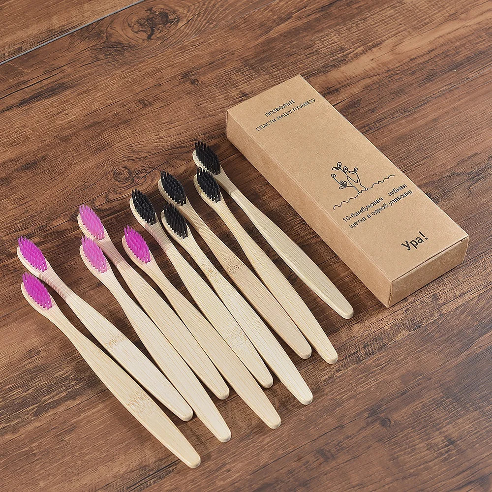 Bamboo Toothbrush Set - 10 Pack Eco-Friendly Soft Bristle