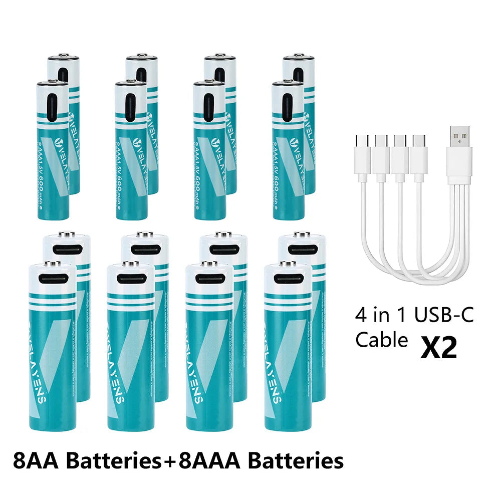 Rechargeable AA AAA Batteries with USB-C Fast Charging - 1200 Cycles Lithium-Ion Set