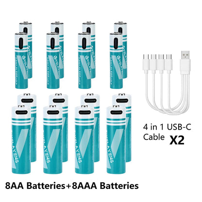 Rechargeable AA AAA Batteries with USB-C Fast Charging - 1200 Cycles Lithium-Ion Set