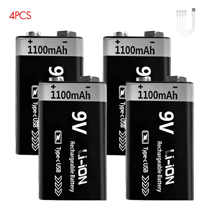 USB-C Rechargeable 9V Battery 1100mAh - Li-ion 6F22 for RC Models, Multimeters & Electronics