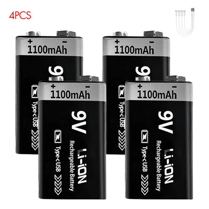 USB-C Rechargeable 9V Battery 1100mAh - Li-ion 6F22 for RC Models, Multimeters & Electronics
