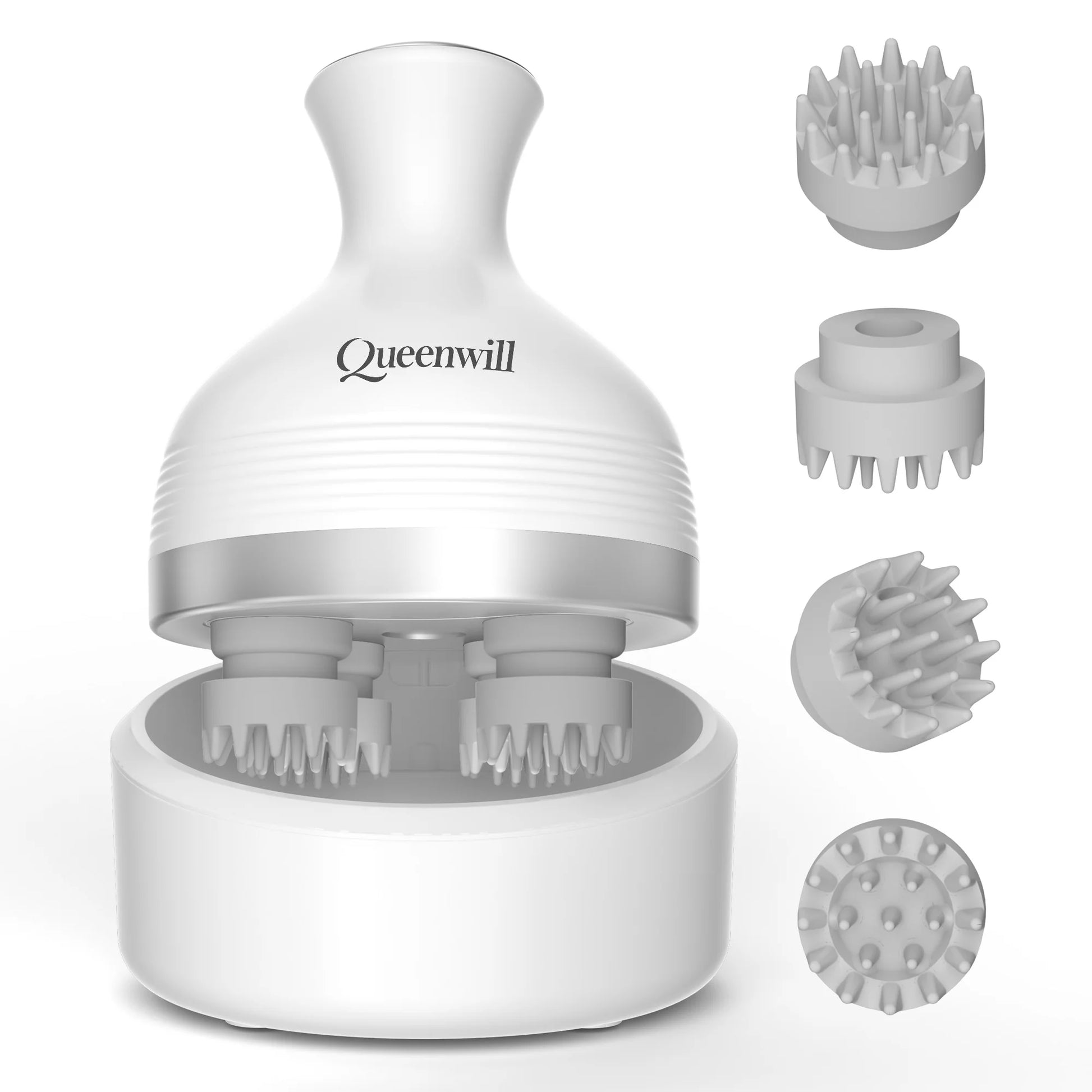 White massage tool with interchangeable heads on a white background, featuring the brand 'Queenwill'.