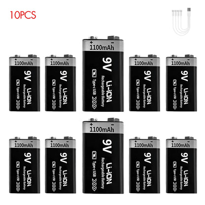 USB-C Rechargeable 9V Battery 1100mAh - Li-ion 6F22 for RC Models, Multimeters & Electronics