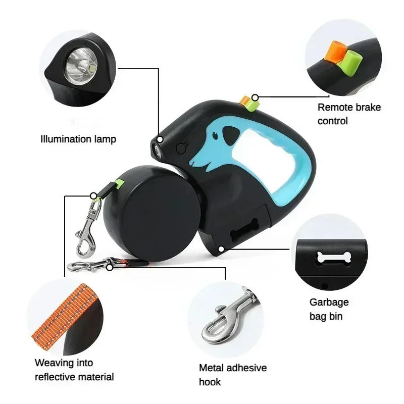 3M Rotating Dual Dog Leash with Flashlight & Poop Bag Holder
