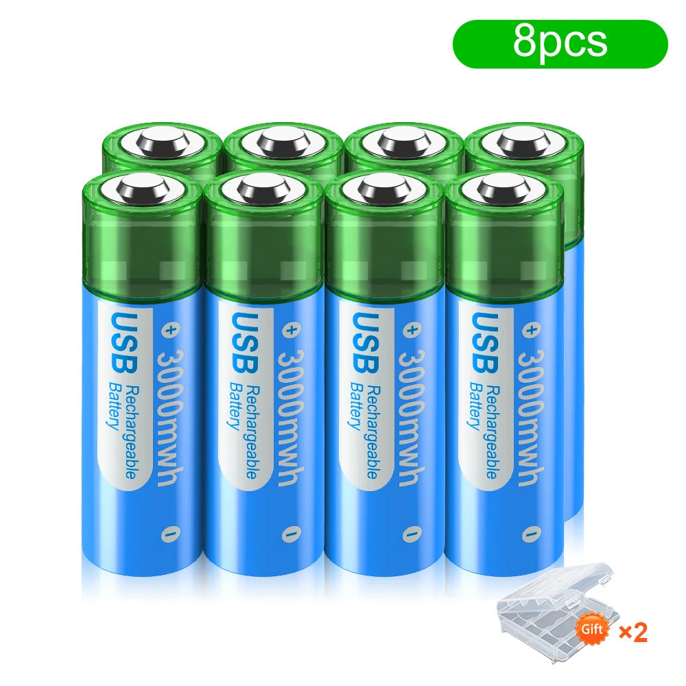 Rechargeable AA Batteries - USB Lithium Ion 1.5V 3000mWh with Charging Box