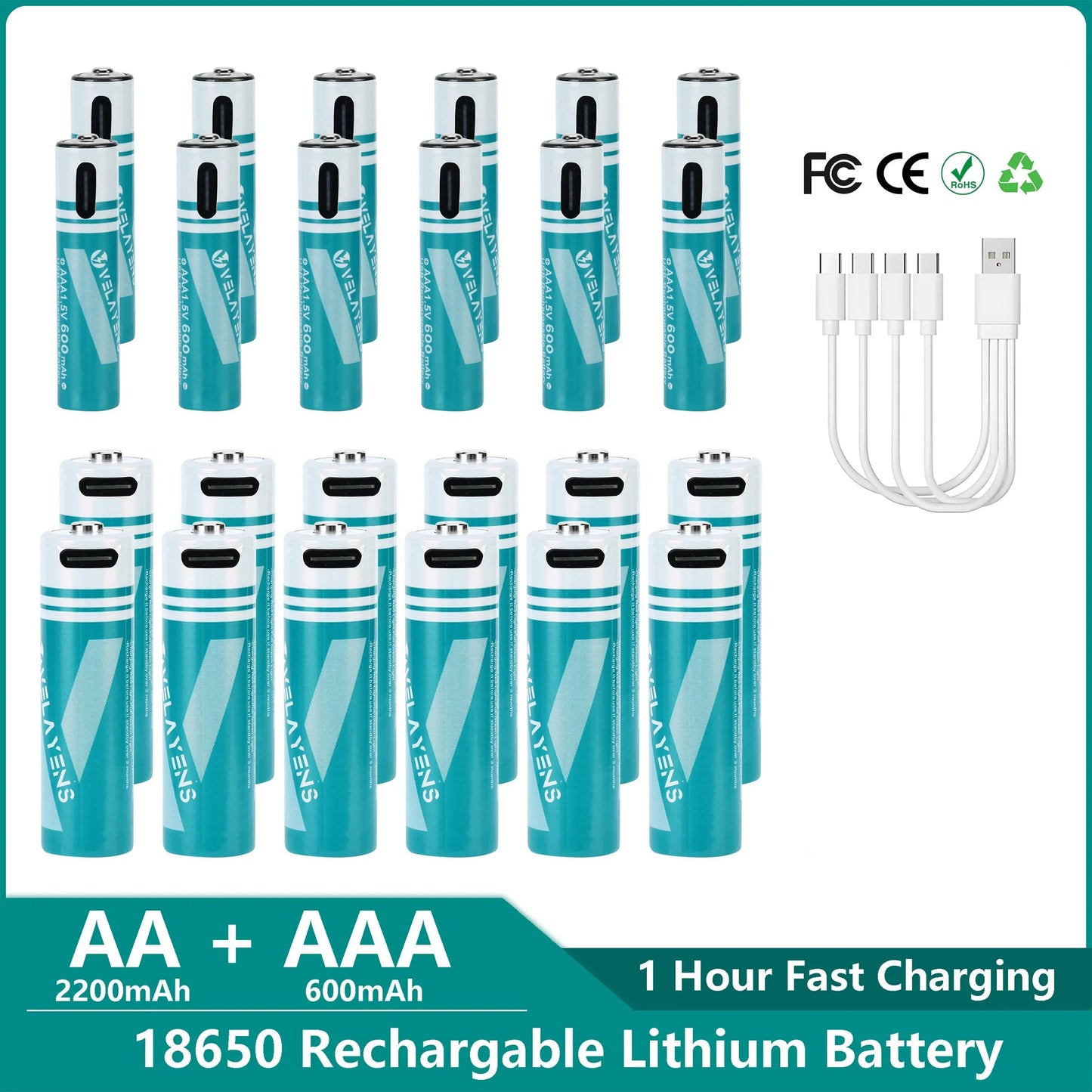 Rechargeable AA AAA Batteries with USB-C Fast Charging - 1200 Cycles Lithium-Ion Set