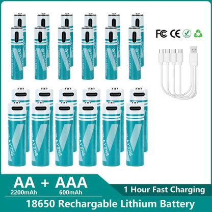 Rechargeable AA AAA Batteries with USB-C Fast Charging - 1200 Cycles Lithium-Ion Set
