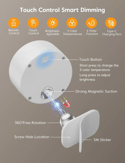 LED Magnetic Wall Sconce Lights - Rechargeable Dimmable with Remote & 360° Rotation