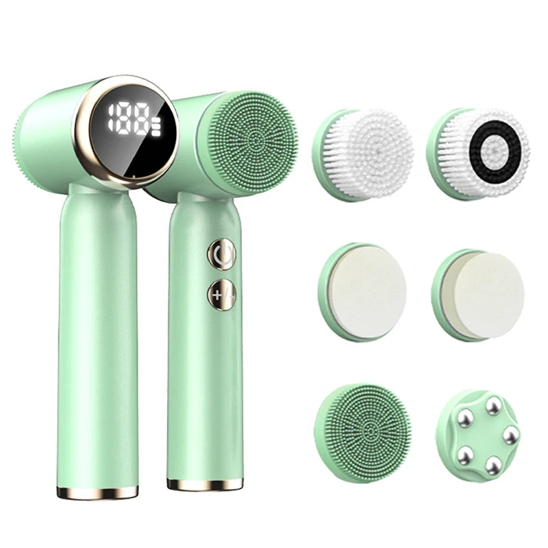 6-in-1 Waterproof Silicone Electric Facial Cleansing Brush - Sonic Pore Cleanser & Exfoliator