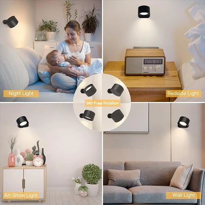 LED Wall Lamp - Touch Control & Remote, 360° Rotatable, USB Rechargeable Night Light