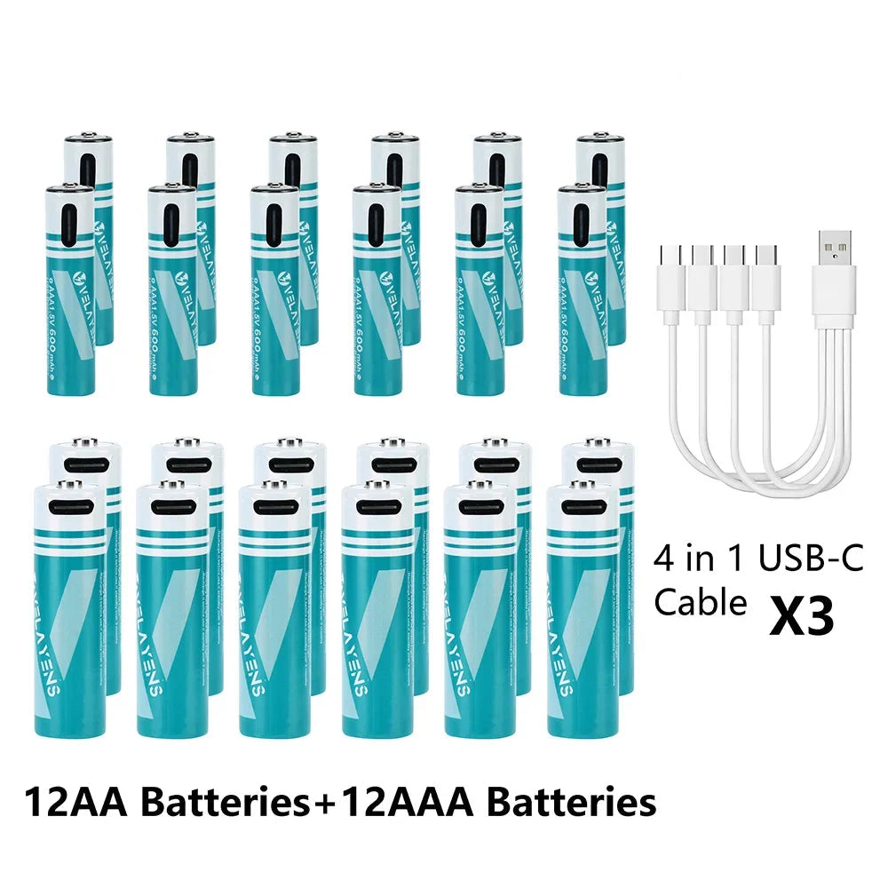 Rechargeable AA AAA Batteries with USB-C Fast Charging - 1200 Cycles Lithium-Ion Set