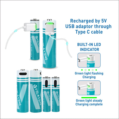Rechargeable AA AAA Batteries with USB-C Fast Charging - 1200 Cycles Lithium-Ion Set