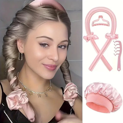 No-Heat Curly Hair Stick Set - 6Pcs Satin Sleep Cap & Hair Styling Kit