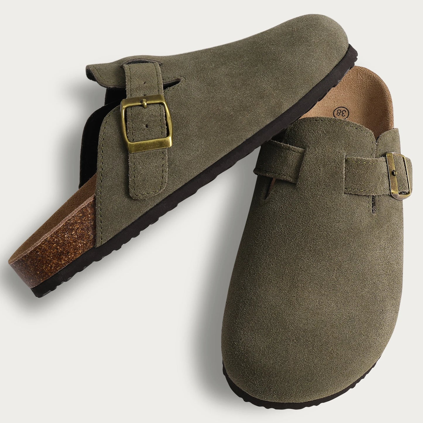 Comwarm Suede Mules Slippers - Cork Insole Sandals with Arch Support