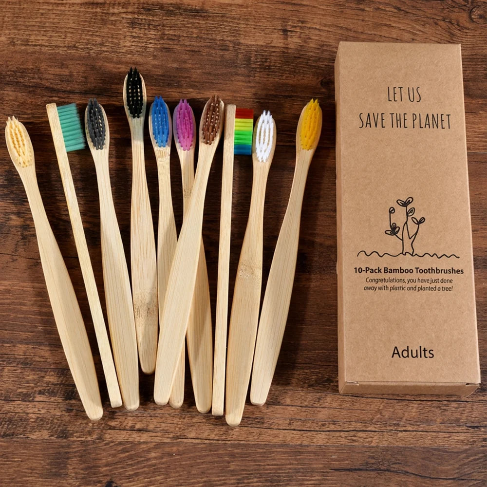 Bamboo Toothbrush Set - 10 Pack Eco-Friendly Soft Bristle