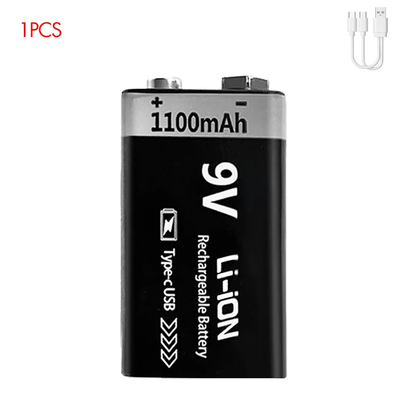 USB-C Rechargeable 9V Battery 1100mAh - Li-ion 6F22 for RC Models, Multimeters & Electronics