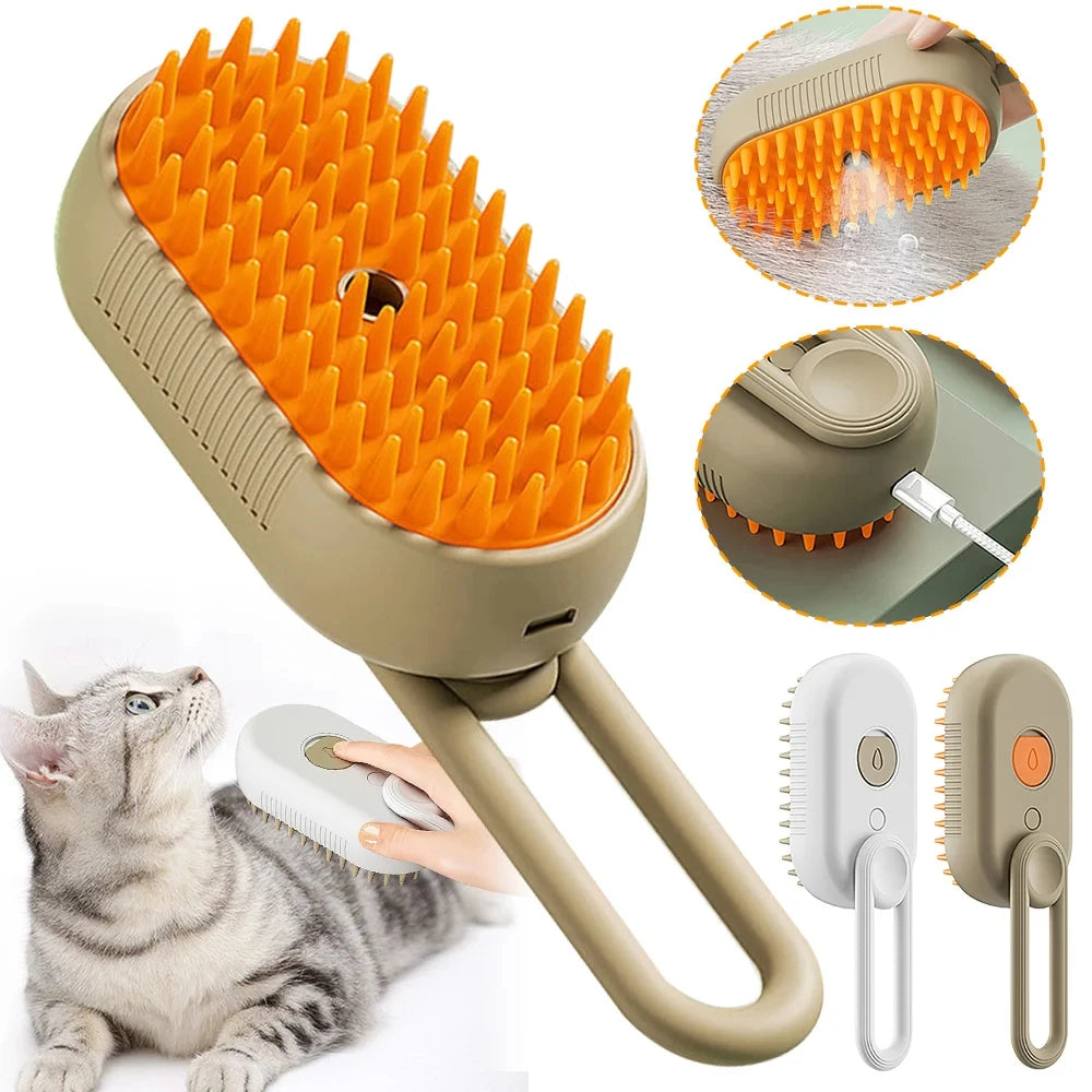 3-in-1 Steam Brush for Cats - Pet Hair Remover & Massage Grooming Tool