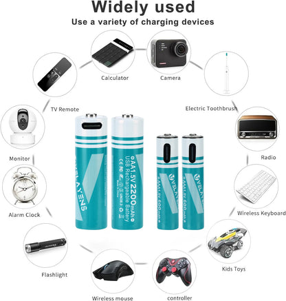 Rechargeable AA AAA Batteries with USB-C Fast Charging - 1200 Cycles Lithium-Ion Set