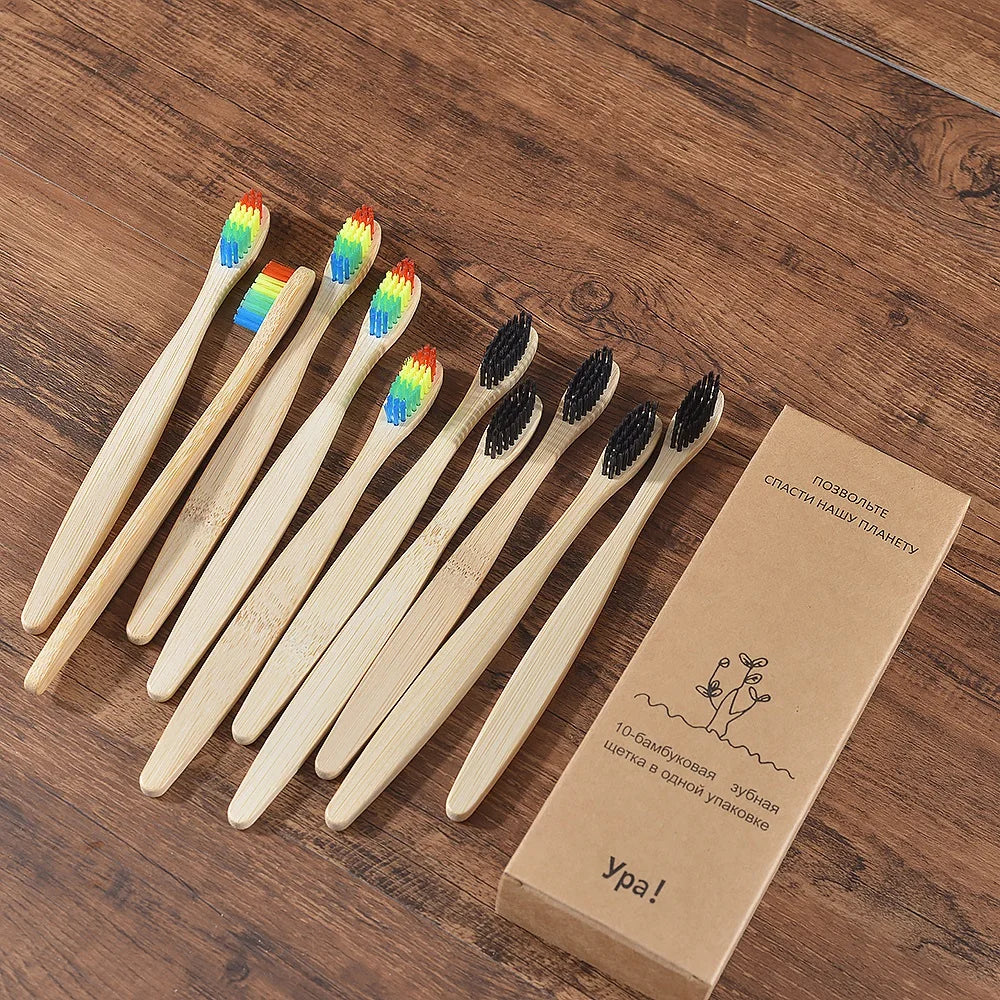 Bamboo Toothbrush Set - 10 Pack Eco-Friendly Soft Bristle