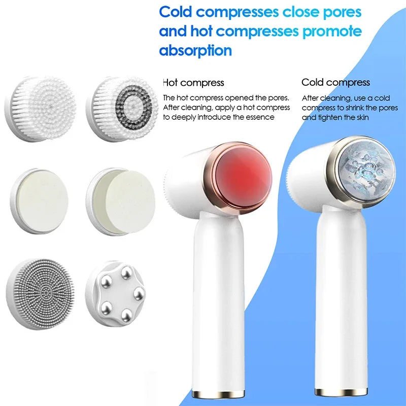 Facial cleansing device with various attachments and text explaining cold and hot compress functions.