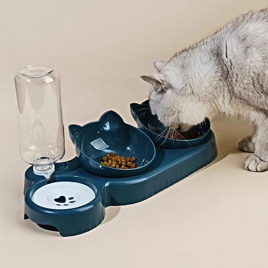 3-in-1 Tilted Cat Bowl Set - Neck Protection Design with Automatic Water Feeder