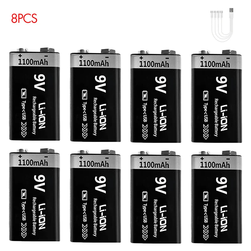 USB-C Rechargeable 9V Battery 1100mAh - Li-ion 6F22 for RC Models, Multimeters & Electronics