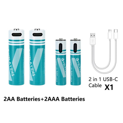 Rechargeable AA AAA Batteries with USB-C Fast Charging - 1200 Cycles Lithium-Ion Set