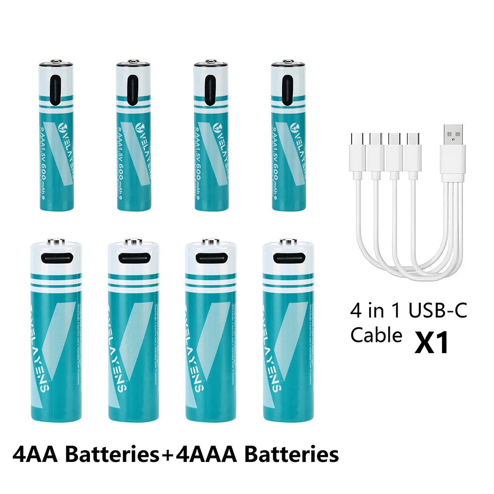Rechargeable AA AAA Batteries with USB-C Fast Charging - 1200 Cycles Lithium-Ion Set