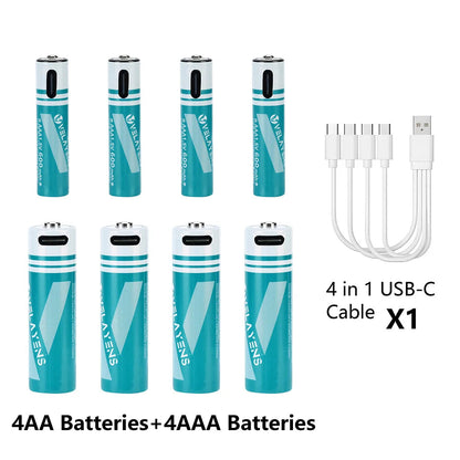 Rechargeable AA AAA Batteries with USB-C Fast Charging - 1200 Cycles Lithium-Ion Set