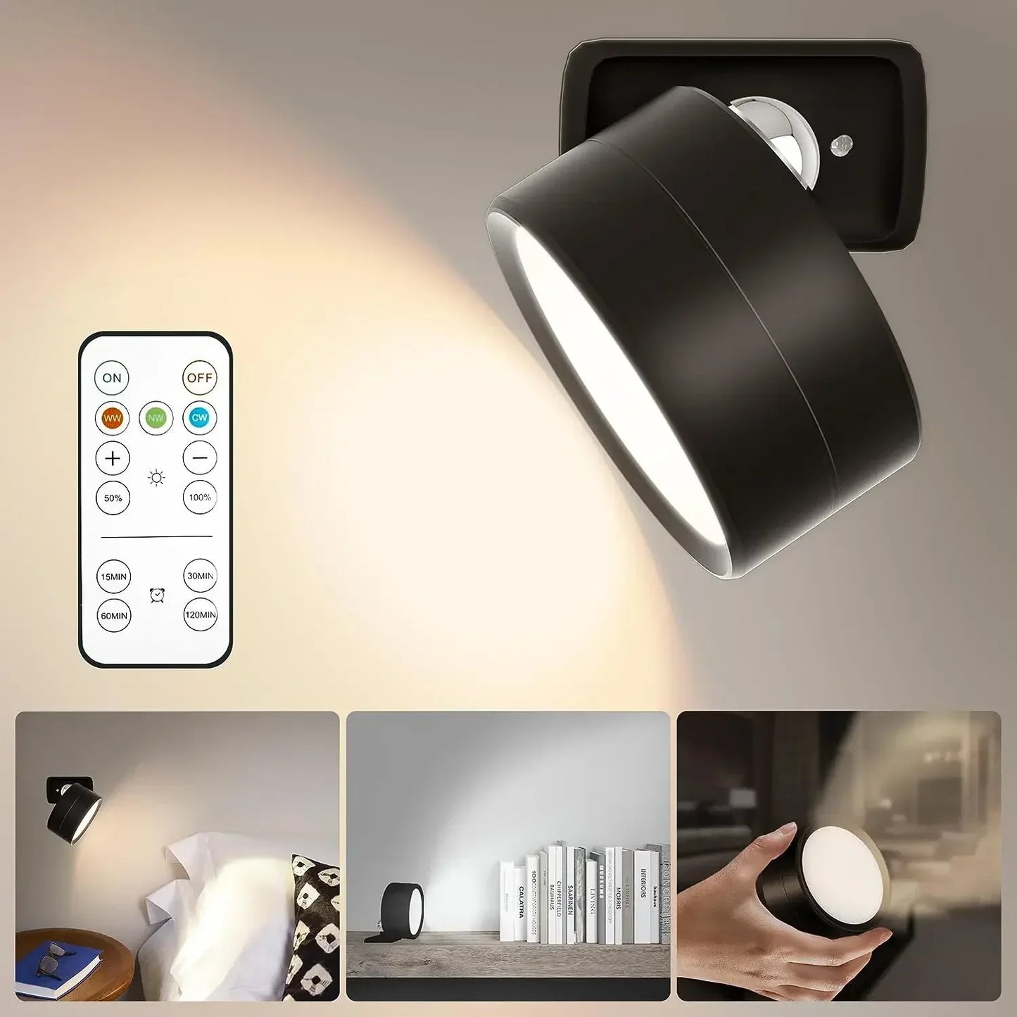 LED Magnetic Wall Sconce Lights - Rechargeable Dimmable with Remote & 360° Rotation