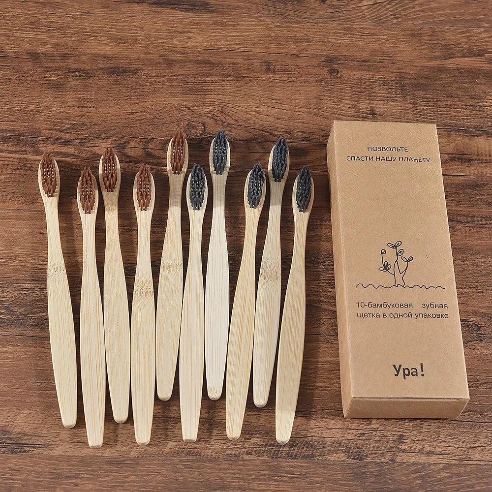 Bamboo Toothbrush Set - 10 Pack Eco-Friendly Soft Bristle