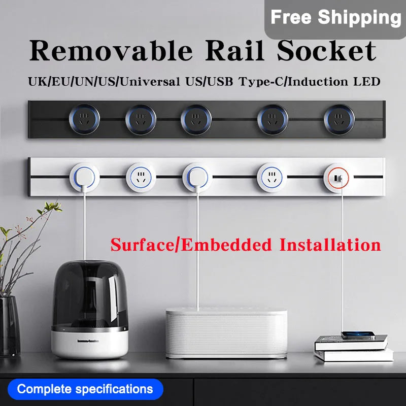 Smart Power Track Rail Socket with USB-C Fast Charging - Wall Mounted Multi-Outlet Strip